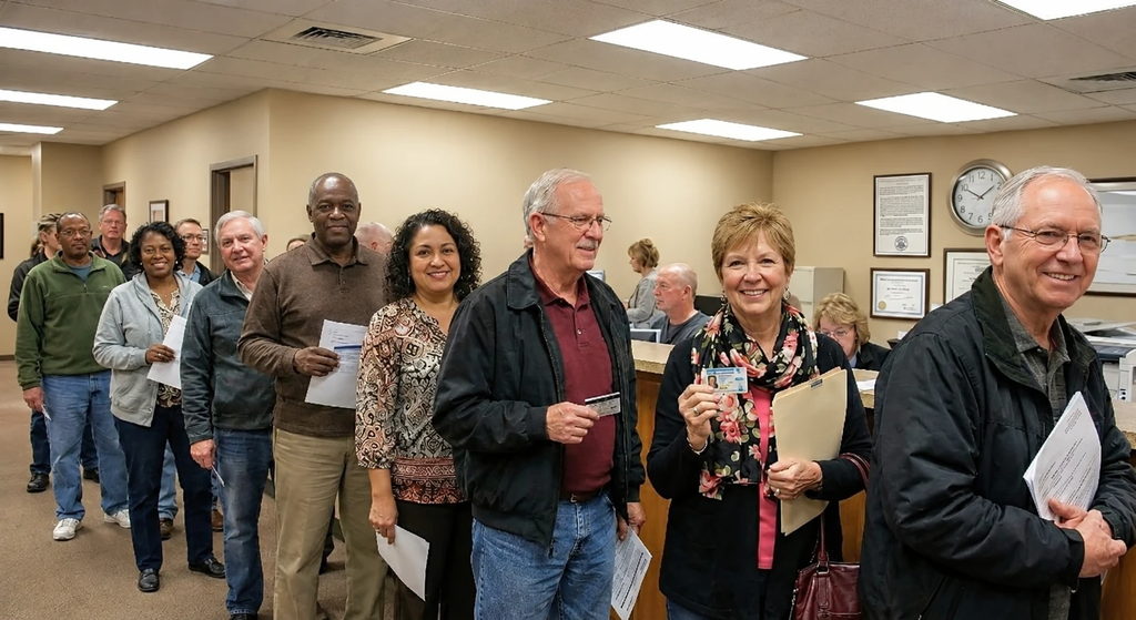Drivers waiting in line at a licensing office